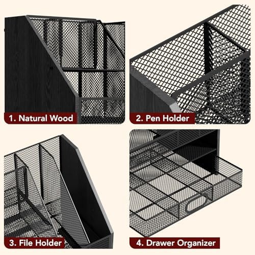 Homsorout Wooden Desk Organizer - Mesh File Organizer with Drawers and Pen Holder - 4-Tier Vertical Paper Letter Storage Tray, Desktop Organizers and Accessories for Home Office (Black - Image 5