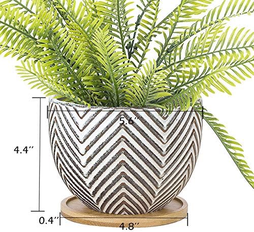 VanEnjoy 5.5 inch Large Round Bohemian Style Ceramic Planter, Geometry Engrave Off White Brown Succulent Planter Flower Pot, Indoor Outdoor Decorative Planter - Image 2