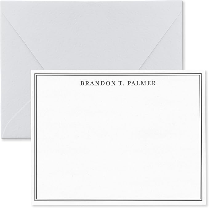 Personalized Note Cards Stationery for Men with Name and Line Border - Custom Stationary Set with Envelopes - Flat A2 Custom Notecards, Choose Your Colors and Set Size (Double Border Classic Font)
