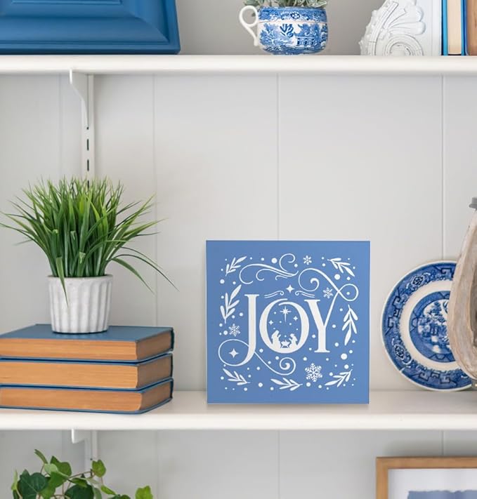 Joy Christian Christmas Wooden Box Sign, Farmhouse Christmas Snowflake Xmas Wood Signs for Home Office Table Shelf Decor, 5x5 Inch (Blue)