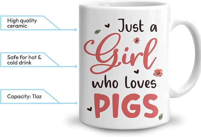 Hyturtle Personalized Cute Pig Coffee Mug for Animal Lovers - Just A Girl Who Loves Pigs - Custom Ceramic Cup for Women - Birthday - 11oz/15oz