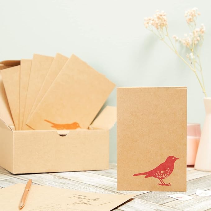 Best Paper Greetings Blank Note Cards with Bird Design - 4 x 6 In, Brown, 36-Pack, Rustic - Kraft Paper Notecards & Envelopes