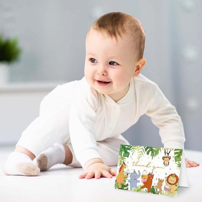 Whaline 24 Pack Jungle Animals Thank You Cards Greeting Card Greenery Forest Annimal Blank Note Card with Envelopes Stickers for Baby Shower Birthday, 4 x 6 Inch