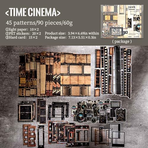 Vilikya 90Pcs Film Scrapbook Stickers Pack for Junk Journal Supplies, Movie-Themed Decoupage Paper for Scrapbooking Kit, PET Film Strip Tape & Photo Frame Cards for Bullet Journaling Decorative - Image 4