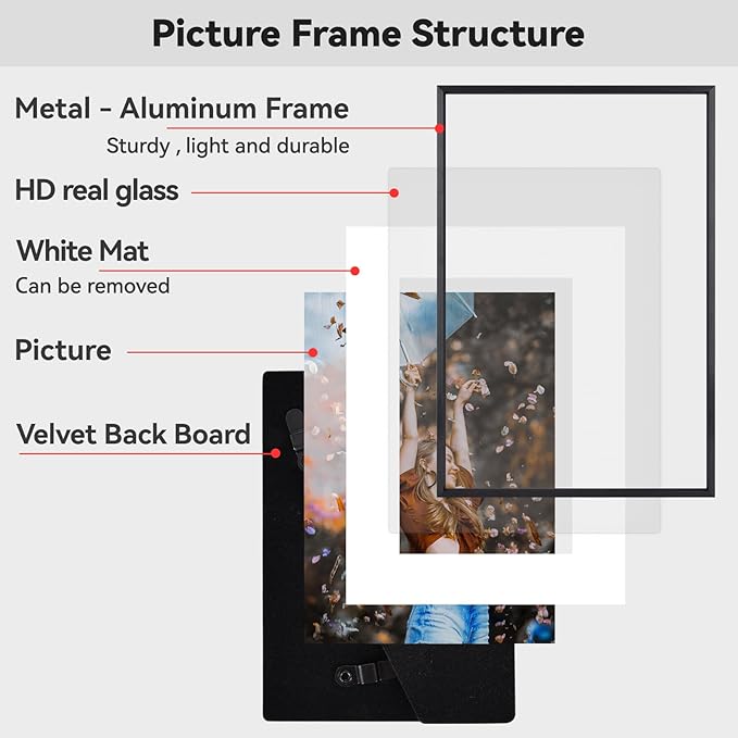 11x14 Picture Frame, Black Metal Photo Frames with HD Glass, Fits 8x10 with Mat or 11 x 14 without Mat, Display for Wall and Table, 1 Pack
