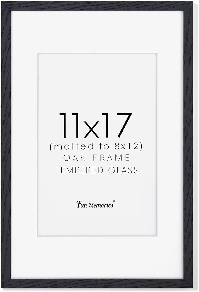 Fun Memories 11x17 Oak Wood Picture Frame in Black, 11"x17" Poster Frame for Wall, Wood Photo Frame 11 x 17 with Tempered Real Glass, 11x17 Frame Matted to 8x12 - Black Color, 1 Pack