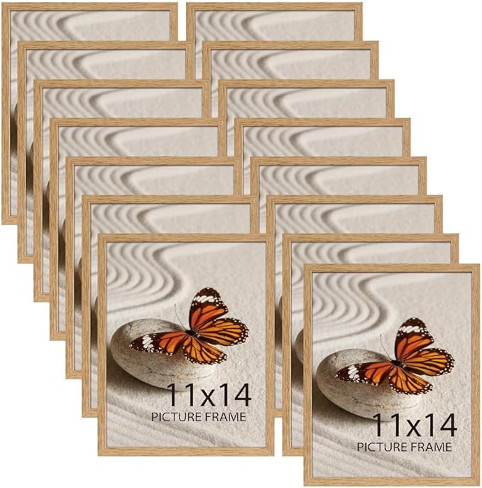 Memory Island 11X14 Photo Frames for Wall and Tabletop Display, 11 by 14 Natural Wood Grain Picture Frames with HD Plexiglass, Set of 15