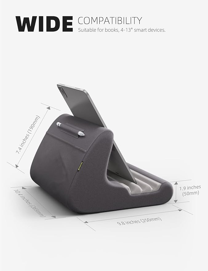 Lamicall Tablet Stand Pillow Holder - Tablet Pillow Soft Pad for Bed, Lap Phone Stand with Stylus Mount & Pocket, for iPad Pro 12.9, Air, Mini, Kindle, Galaxy Tab and 4-13" Devices, Dark Grey