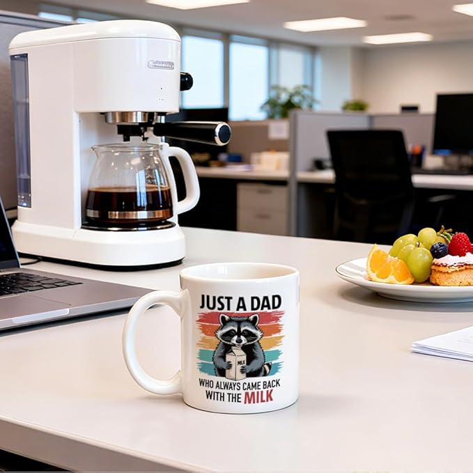 Just A Dad Who Always Came Back With The Milk Coffee Mug, Cute Raccoon-Themed Gifts for Raccoon Lover Dad Grandpa Uncle Men, Appreciation Retirement Baby Shower Gifts for Expecting Father