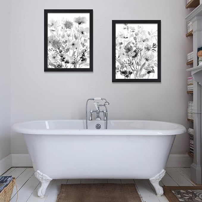 Botanical Canvas Prints Wall Art Black & White Wildflower Pictures Rustic Floral Paintings Decor 2 Panels Modern Framed Artwork for Bathroom Livingroom Bedroom Office Kitchen 12x 16 inches (Black
