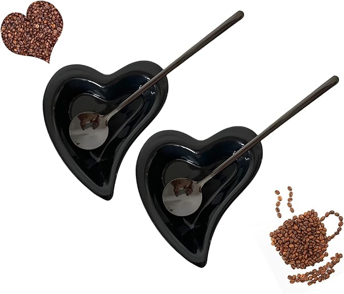 Coffee & Tea Spoon and Rest Set for Coffee Bar Accessories, Heart Cute Mini & Small Coffee Spoon Rest & Holder for Coffee Station & Bar, Teaspoon Rest & Holder (Black Rest with Black Spoon*2)