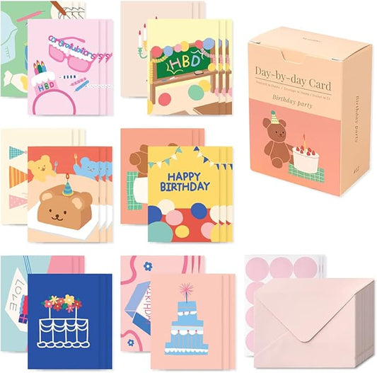 Monolike Day-by-day Card, Birthday party - Mix 36 Mini Single cards, 36 envelopes, 36 stickers Package