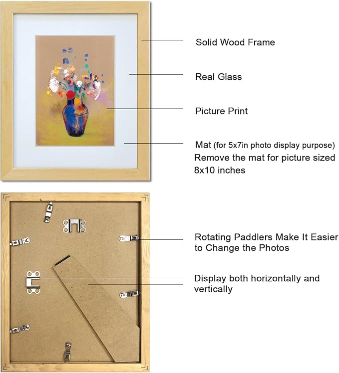 8x10 Picture Frame Made of Solid Wood Photo Frame with Real Glass for Pictures 5x7 with Mat or 8x10 Without Mat, Wall Mount or Tabletop Gallery Photo Frames,Natural,4 Pack