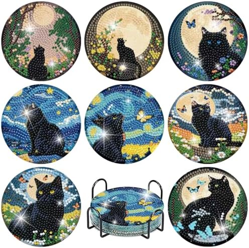 askkqtx 8 Pcs Black Cat Diamond Art Coasters Kits with Holder 4X4 Inch by askkqtx