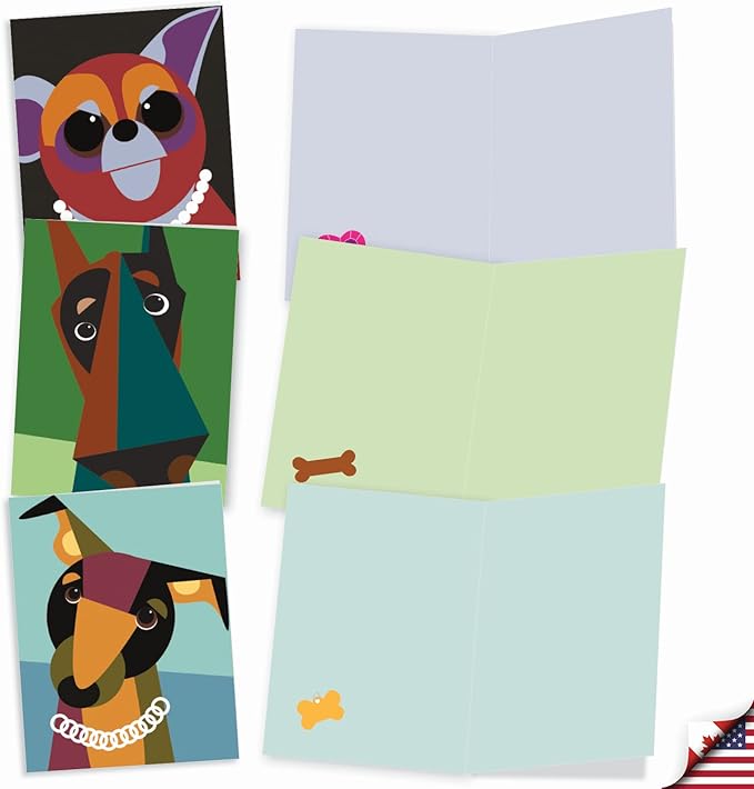 The Best Card Company - 10 Blank Dog Cards Assorted (4 x 5.12 Inch) - Adorable Boxed Animal Note Cards for All Occasions - Cubic Canines M6632OCB