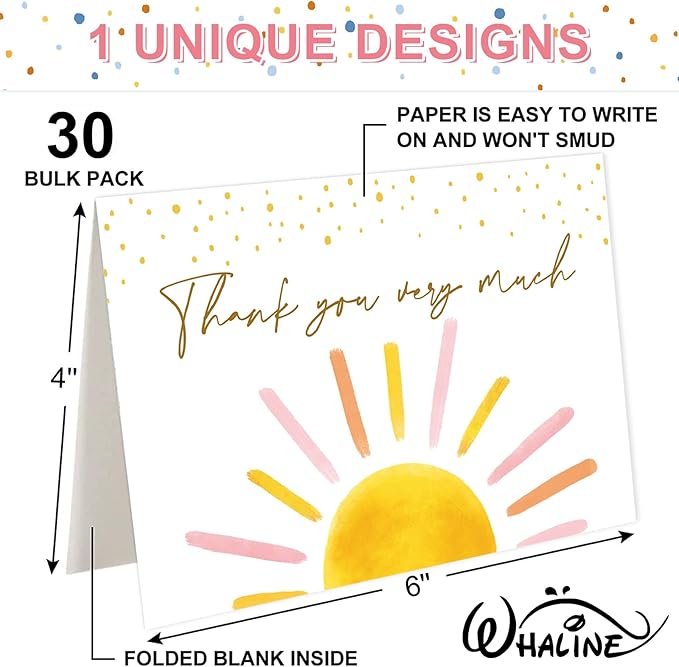 Whaline 30 Packs Baby Shower Thank You Cards Greeting Card Pink Boho Sun Sunshine Blank Note Cards with Envelopes and Stickers for Birthday Holiday Baby Shower, 4 x 6 Inch