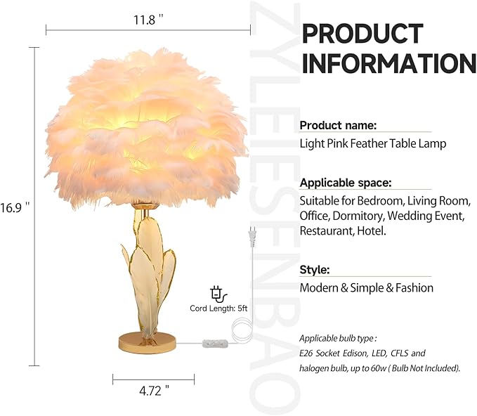 Pink Feather Lamp Goose Furry Table Lamp Princess Modern Fluffy Pink Desk Lamp Romantic Bedside Nightstand Light for Girl Bedroom Wedding Decor Living Room Entryway Christmas Gift