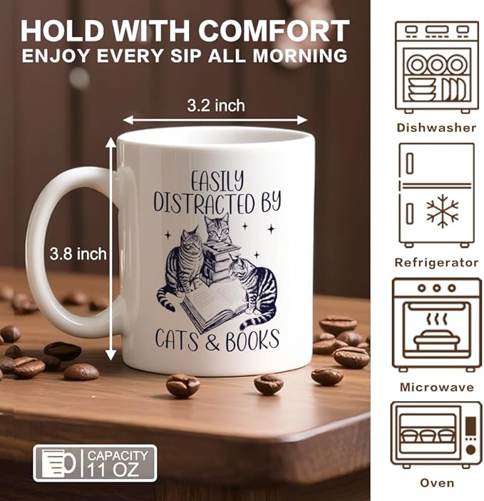 Easily Distracted By Cats Books Coffee Mug, Cute Cats and Books Theme Gifts for Cat Book Lover Reader Bookworm, Birthday Christmas Gifts for Book Club Member Librarian Bibliophile Friend