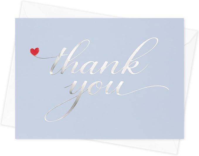 Cheerin 24 Pack Light Blue Thank You Cards With Envelopes Set - Elegant Silver Foil Thank You Notes for Wedding, Birthday and Baby Shower - Bulk Appreciation Cards 3x5 inch
