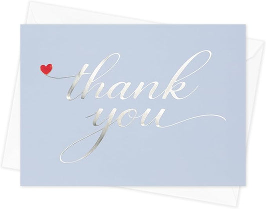 Cheerin 24 Pack Light Blue Thank You Cards With Envelopes Set - Elegant Silver Foil Thank You Notes for Wedding, Birthday and Baby Shower - Bulk Appreciation Cards 3x5 inch