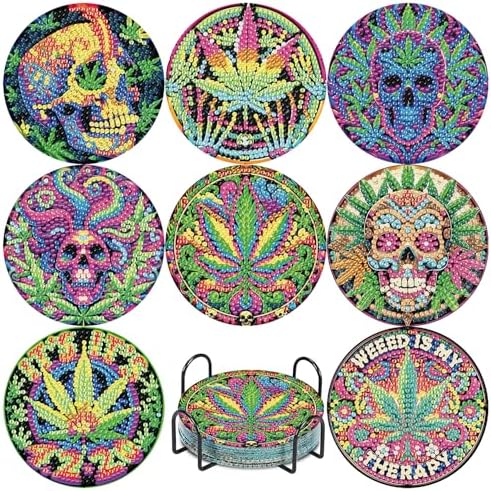 8 Pcs Leaf Diamond Art Coasters Kits, Diamond Painting Coasters Kits by NEGEKFKX