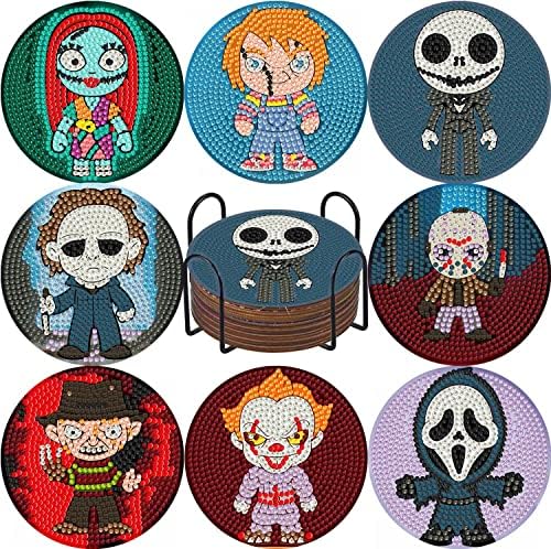 8Pcs Diamond Painting Coasters with Holder,DIY Halloween Life Coaster Diamond Art Kits for Adults Kids,Beginners Round Full Drill Diamond Art Craft Supplies by tigdtiu
