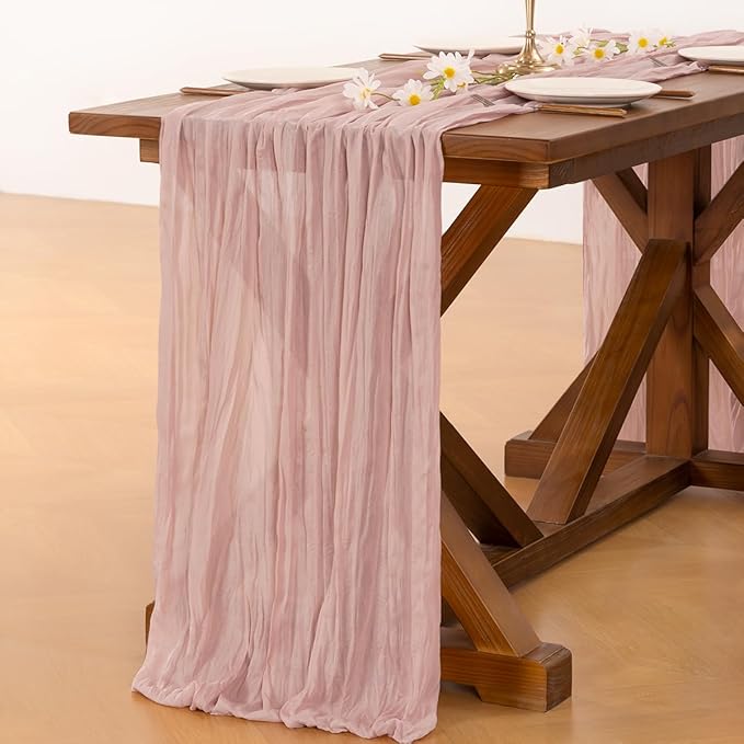 Socomi 15pcs Pink Cheesecloth Table Runner Valentine's Day Boho Rustic Gauze Dusty Pink Farmhouse 120 inch 10FT Cheese Cloth Runner for Wedding Party Baby Shower Birthday Home Decor Holiday