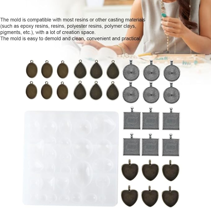 Silicone Mold Alloy Round Oval Heart Shapes Pendant Base Tray for Resin Casting DIY Jewelry Making Kit