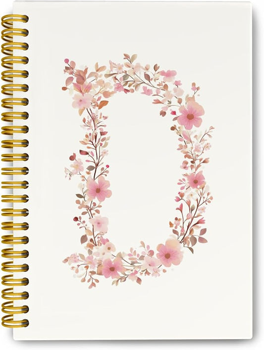 Pink Cute Spiral Notebook Journal, Preppy Floral Initial Letter D Personalized Journaling Notebooks, Monogrammed Gifts for Women Girls, Botanical Hardcover Spiral Lined Notebook 5.5 x 8.3