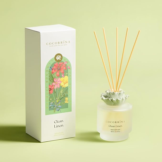COCORRÍNA Gypsum Flower Reed Diffuser - Clean Linen Scent, 6.76 oz Oil with 8 Sticks, Long - Lasting Home Fragrance for Bathroom Décor