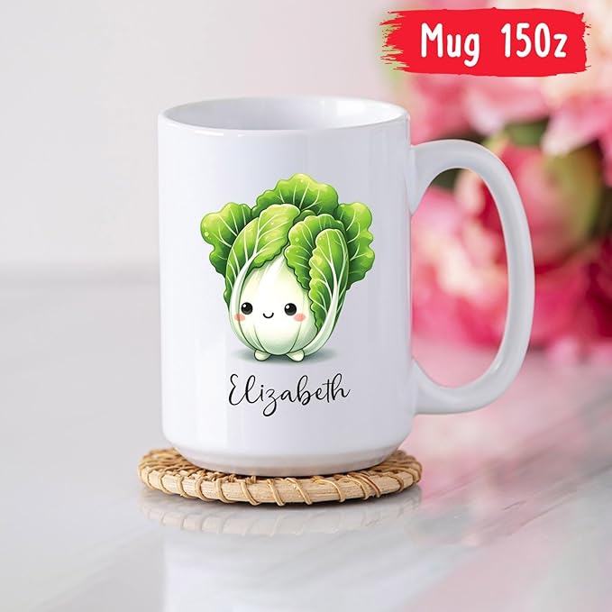 Personalized Chinese Cabbage Mugs, Chinese Cabbage Gifts For Friend Coworker, Custom Name Vegetable Ceramic Cup 11oz 15oz, Cute Chinese Cabbage Vegetable Lover White Travel Mug, Cabbage Fans Cup