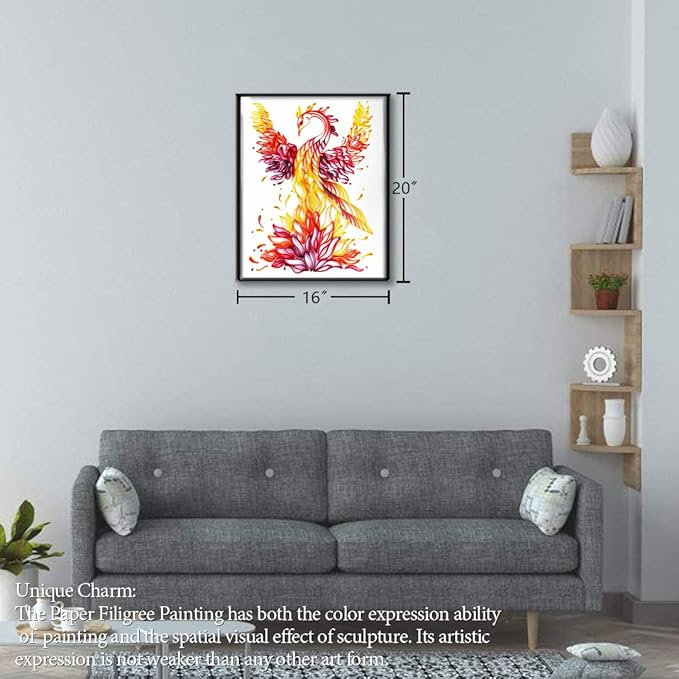 Uniquilling Quilling Kit, Paper Quilling Kits, 16 * 20-in Phoenix Paper Filigree Kits with Quilling Tools& Using Manual, DIY Quilling Artwork Modern Wall Art for Living Room