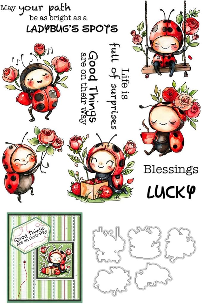 Ladybug Rose Flower Stamps and Cutting Dies for Card Making DIY Transparent Silicone Clear Stamp and Metal Die Cuts Sets for Scrapbooking Paper Greeting Cards Decor Seals Craft Supplies