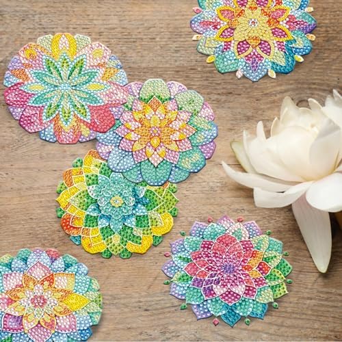 8 Pieces Lotus Diamond Coasters with Holder DIY Cute Lotus Diamond Art Coasters 5d Craft Decor for Beginners Adults for Gift - Image 6