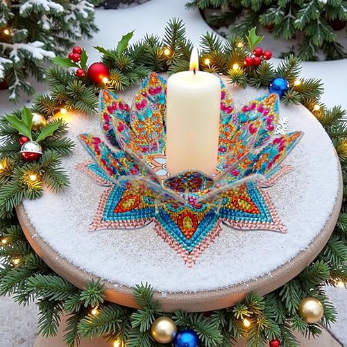 jinglinhh DIY Mandala Lotus Diamond Art Painting Aromatherapy Candle Holder Kit for Adults, Acrylic Diamond Art Tabletop Candlestick Holder Tray Ornaments Craft for Beginners(Blue Orange Lotus) - Image 2