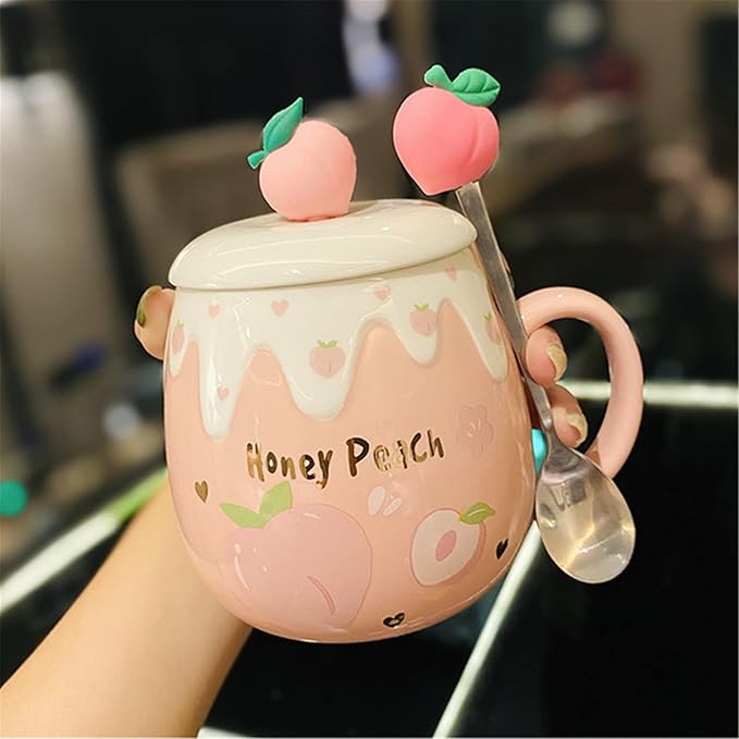 Coffee Mug Cups Ceramic Tea Cup Fruits Peach Shaped Handmade Pottery Cute Mugs With Lid Spoon Handle Office Home Hot Ice Chocolate Milk Mugs Gifts Microwave Dishwasher Safe Travel Mugs (Rose)