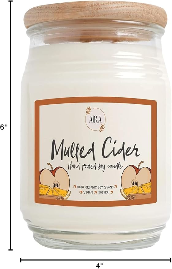 Aira Soy Candles - Organic, Kosher, Vegan, in Farmhouse Jar w/Essential Oils - Hand-Poured 100% Soy Candle - Double Wick, Paraffin Free, Burns 150+ Hours - Fall Candle - Mulled Cider - 20 Ounces