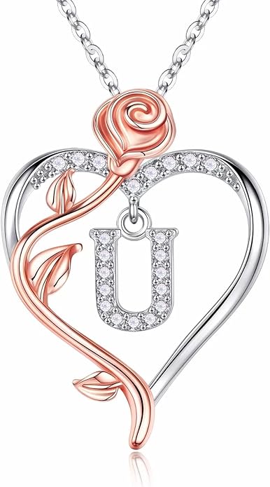Iefil Stocking Stuffers for Women Wife - 925 Sterling Silver Rose Heart Initial Necklace, Christmas Anniversary Birthday Gifts for Women, Jewelry Gift for Her Wife Girlfriend Mom Daughter