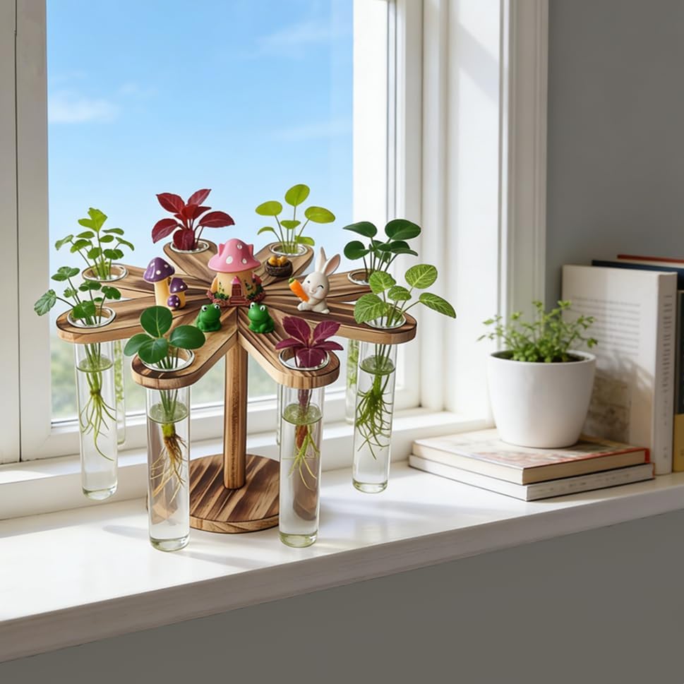 Plant Terrarium Propagation Stations, Clear Glass Flower Vases, Wooden Stand Retro, Hydroponics for Home Office Decoration, Dining Table Centerpiece - 8 Glass Tubes Vases - Image 7