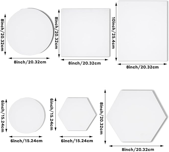 CONDA Canvas Board for Painting 12 Pack Multi Size 8" 10" Round, 6" 8" Hexagon, 8" Square, 8x10 in(2 of Each) Primed White Blank Canvas, 100% Cotton Artist Canvas Panels for Oil Acrylic Paint