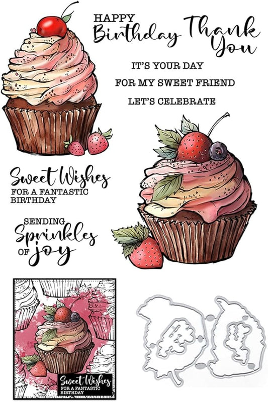 Birthday Cupcake Strawberry Stamps and Cutting Dies for Card Making DIY Transparent Silicone Clear Stamp and Metal Die Cuts Sets for Scrapbooking Paper Greeting Cards Decor Seals Craft Supplies