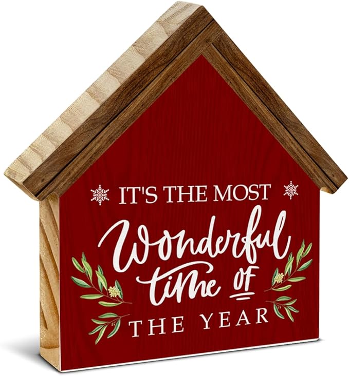 It's the Most Wonderful Time of the Year House Shaped Wood Sign, Rustic Christmas Decor for Farmhouse Home Office Kitchen Bathroom