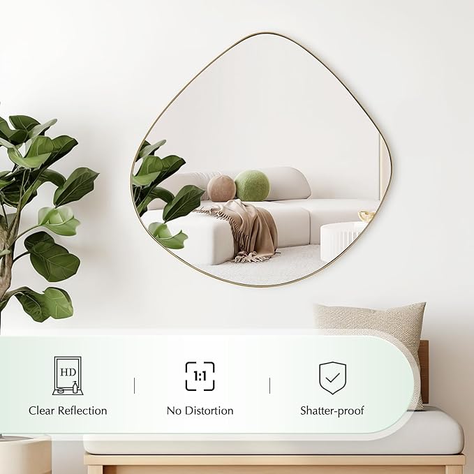 Asymmetrical Wall Mirror Matel Brass Framed Wall Mirror for Living Room Bedroom Bathroom Entryway Wall Decor 19.8" L x 19.0" W ELE-005G