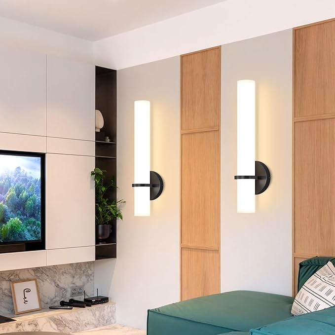 16W LED Dimming Wall Sconces 2 Packs, 3000K Warm Lights Dimmable, White Lampshade Bathroom Vanity Lighting Wall Light Fixtures for Bedroom Dining Living Hallway, Black
