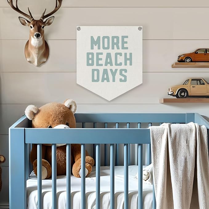 Lacama Beach Theme Wall Decor for Boys Room, Coastal Kids Playroom Nursery Hanging Sign, More Beach Days Linen Canvas Banner, Rustic Nautical Surf, 12.4x14 in