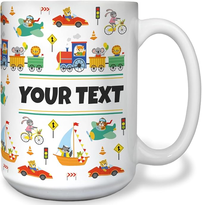 Personalized Mug for Kids - Vehicles - Custom Name/Text, Ceramic Hot Chocolate/Cocoa/Coffee Cup for Boys, Birthday/Christmas/Holiday Gift - 15 oz, Pink Handle