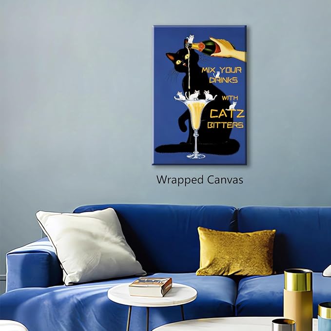 Black Cat Canvas Wall Art, Classic Mix Your Drinks with Catz Bitters Poster, Trendy Liquor Beverage Picture Kitchen Bar Cart Wall Decor, Funky Pub Man Cave Alcohol Themed Print 8x12in Framed