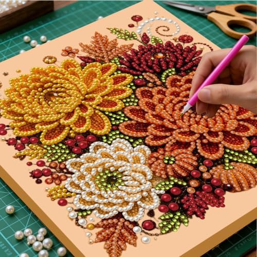 DIY Pearl Painting Kit for Adults, Autumn Dahlias Fall Art with Wood Frame, 20x20cm Self-Adhesive Pearl Diamond Craft, Autumn Wall Decor Gift for Women, Beginners Relaxing Hobby Kit - Image 2