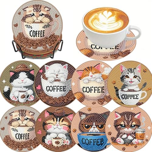 Clendo 8 PCS Diamond Art Coasters - Cat Coffee Diamond Painting Coasters Kits with Holder Cork Pads DIY for Beginners, Adults, Diamonds Art Crafts Supplies by Clendo