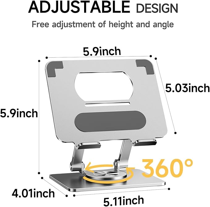 iPad Stand for Desk, Tablet Holder with Thickened 360° Rotating Base Dual Rod Adjustable Aluminum Stand for All 4-12.9’’ iPad Surface Samsung Phone Tablet Kindle E-Reader and More, Silver